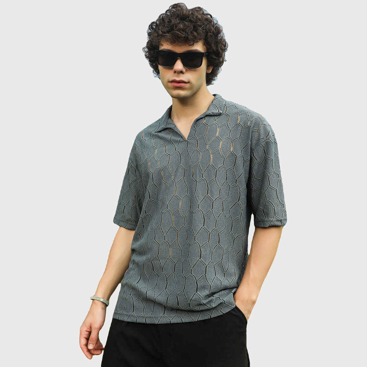 Campus Sutra Men's Honeycomb-Knit Polo T-shirt | Grey - XL