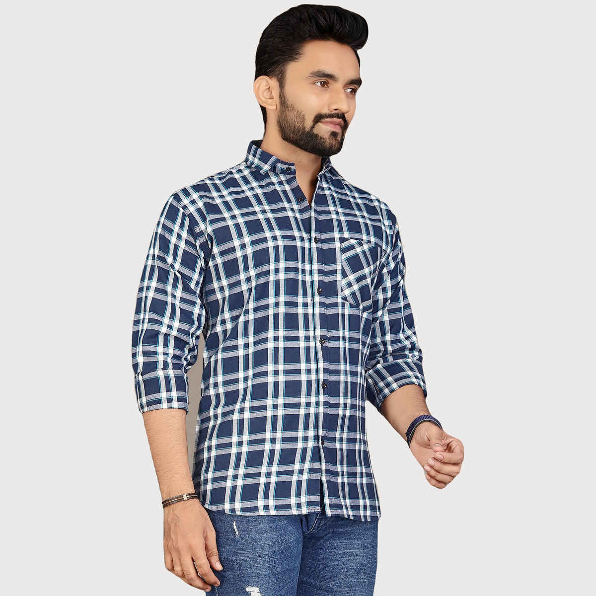Allan Peter Men's White And Blue Checks Shirt | XXL