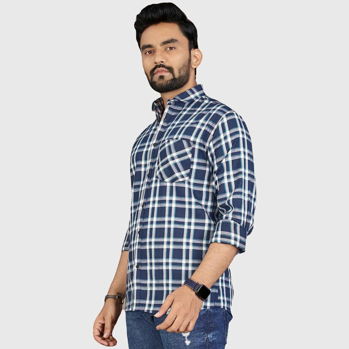 Allan Peter Men's White And Blue Checks Shirt | XXL