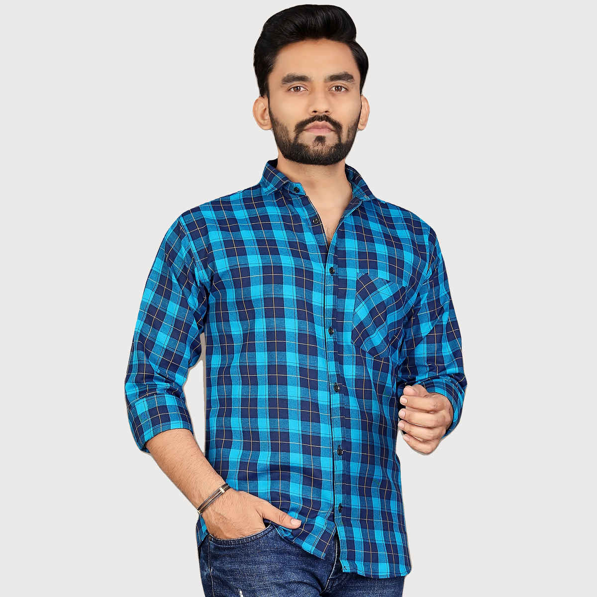 Allan Peter Men's Blue Checks Shirt | XXL