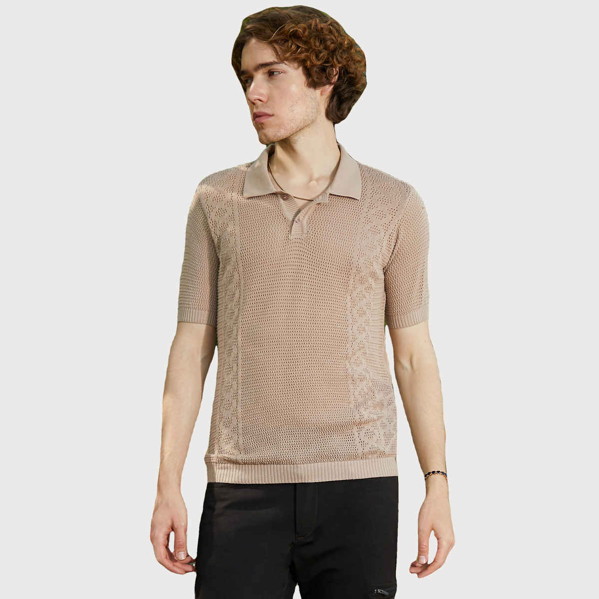 Campus Sutra Men's Twill-Knit Polo T-shirt | Beige - M