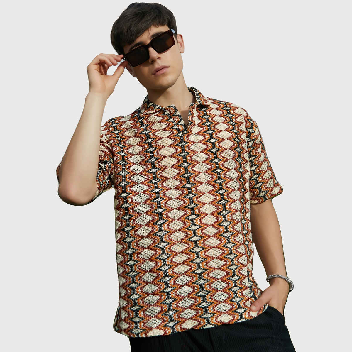 Campus Sutra Men's Nomadic Knit Oversized Shirt | Rust - L