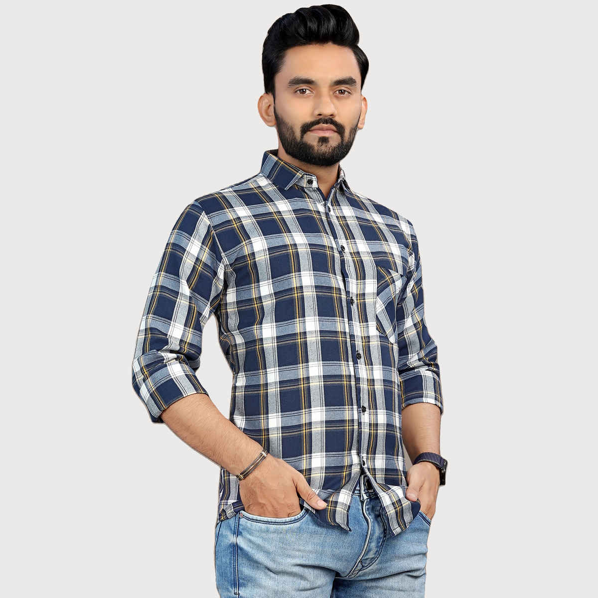 Allan Peter Men's Blue And Yellow Checks Shirt | XL