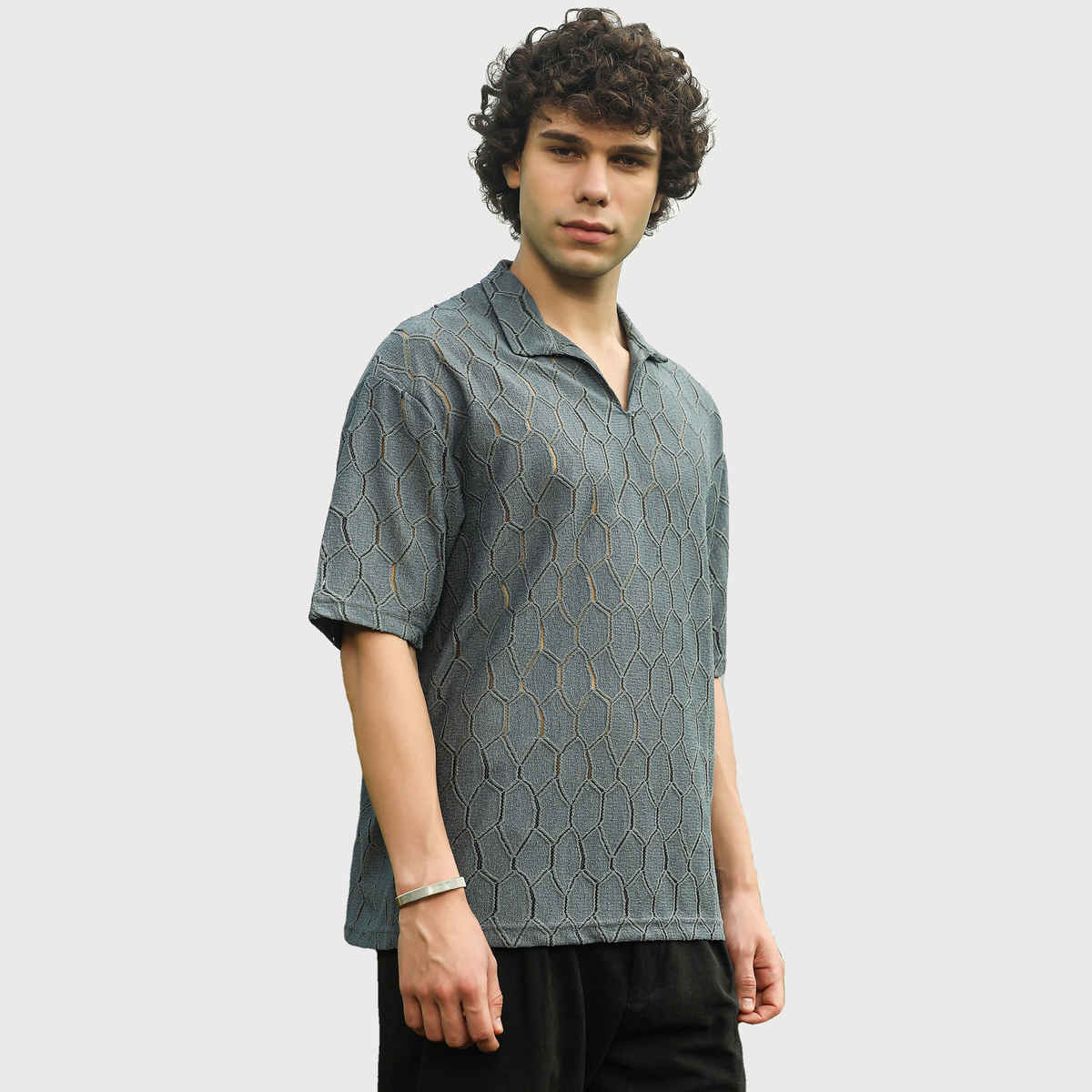 Campus Sutra Men's Honeycomb-Knit Polo T-shirt | Grey - XL