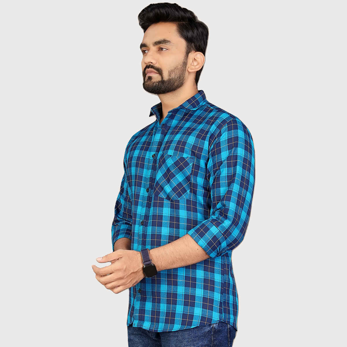 Allan Peter Men's Blue Checks Shirt | XXL