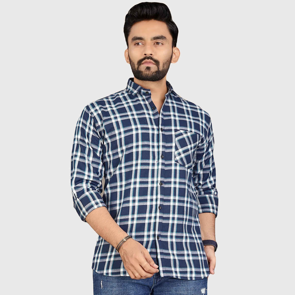 Allan Peter Men's White And Blue Checks Shirt | XXL