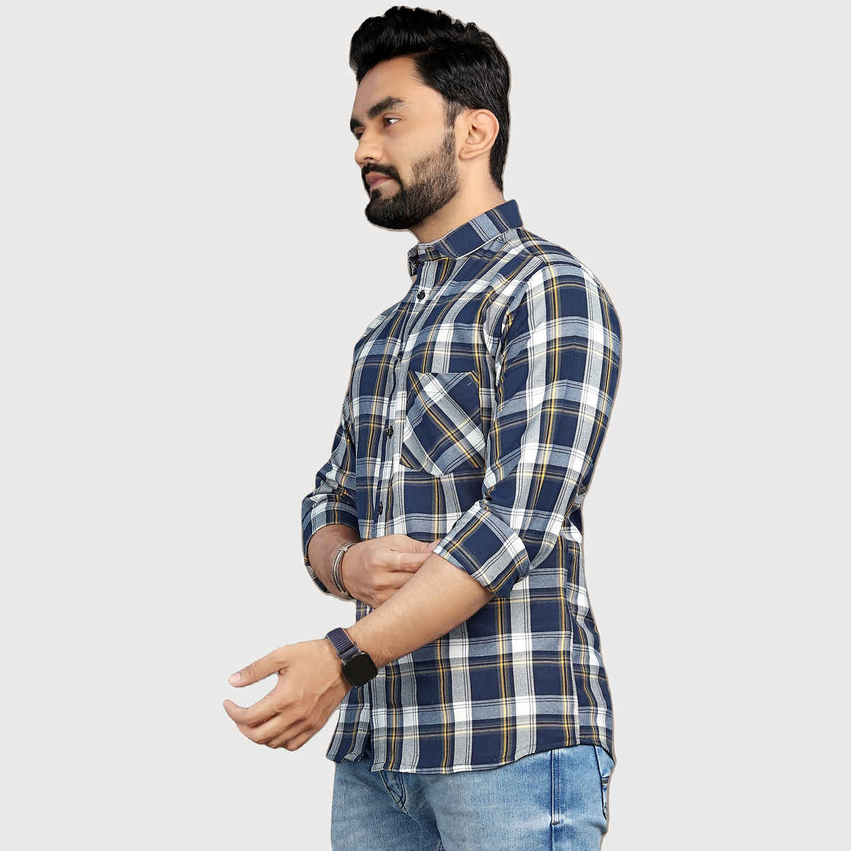 Allan Peter Men's Blue And Yellow Checks Shirt | XL