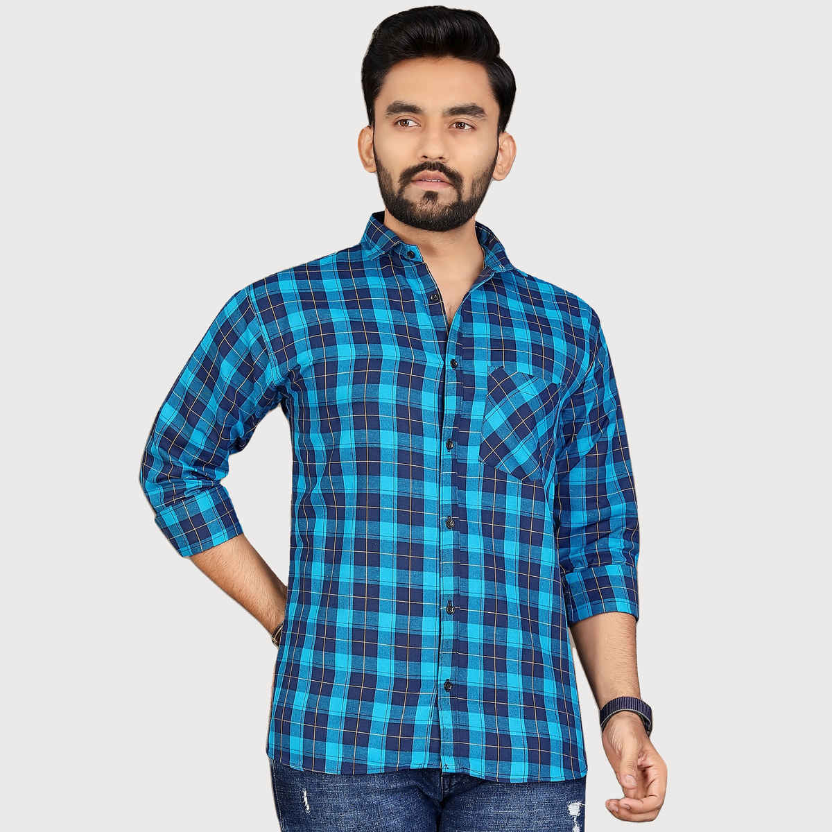 Allan Peter Men's Blue Checks Shirt | XXL