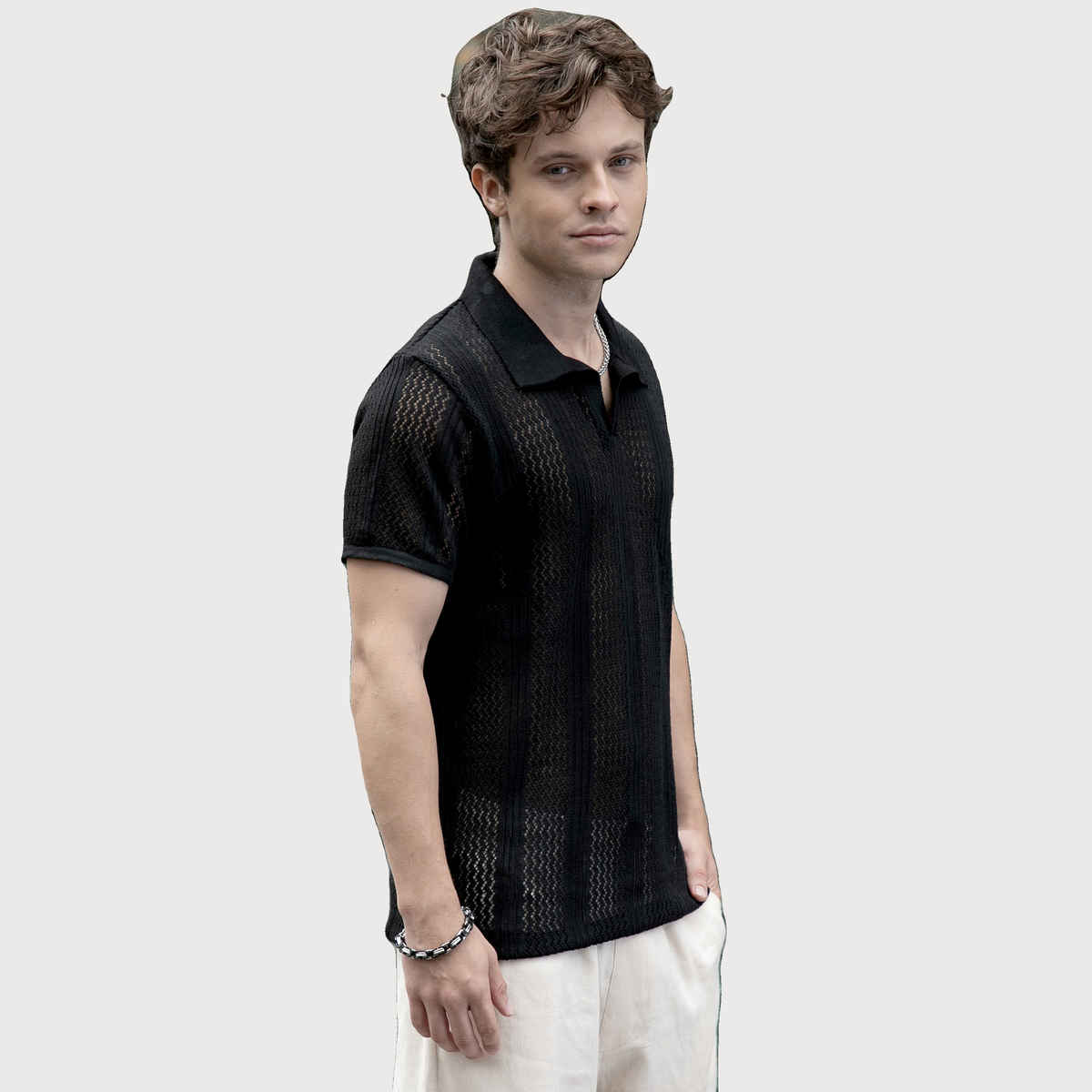 Campus Sutra Men's Chevron - Lined Textured Polo T-shirt | Onyx Black - S