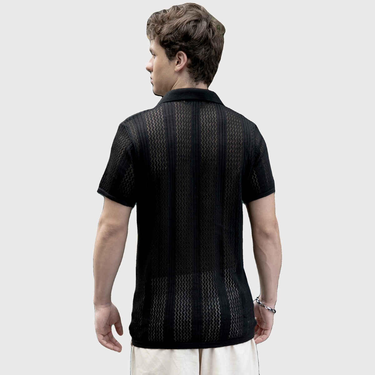 Campus Sutra Men's Chevron - Lined Textured Polo T-shirt | Onyx Black - S