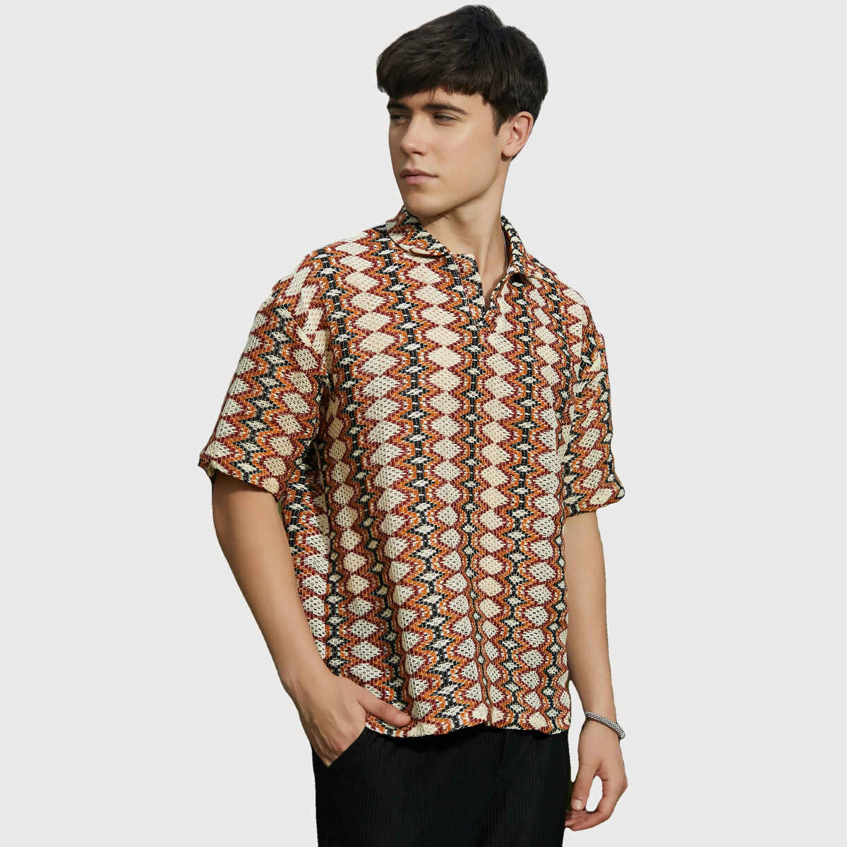 Campus Sutra Men's Nomadic Knit Oversized Shirt | Rust - L