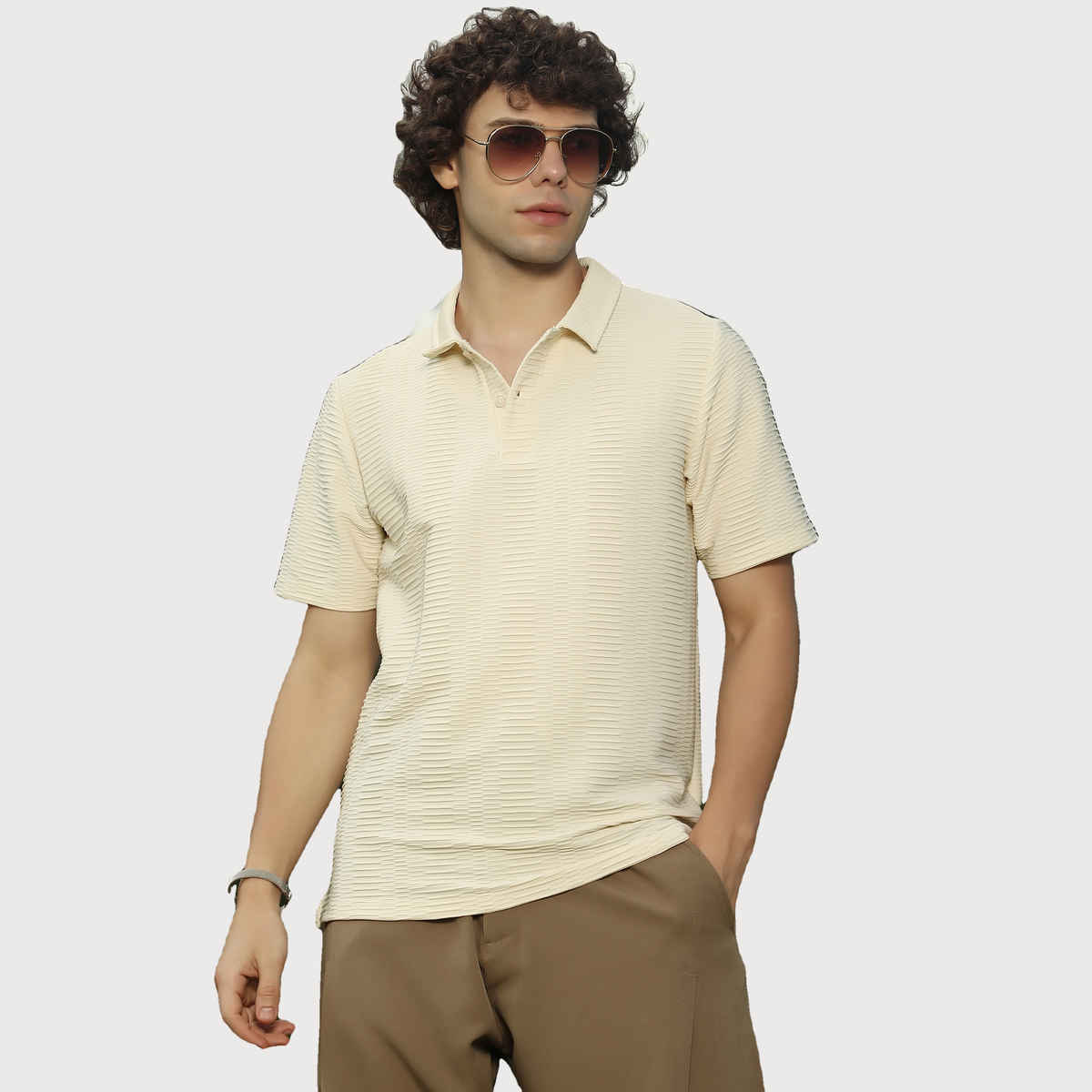 Campus Sutra Men's Flatten - Ruched Polo T-shirt | Cream - M