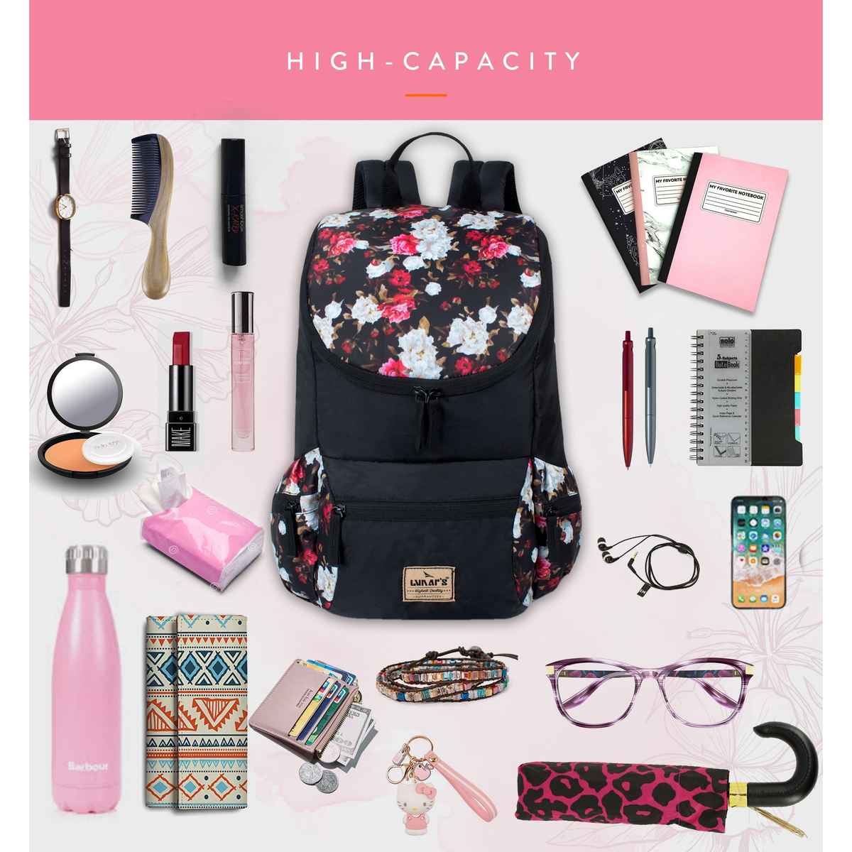 Lunar's Monica 19L Small Backpack | 1 Compartment | School | Travel | Colllege Bag for Women