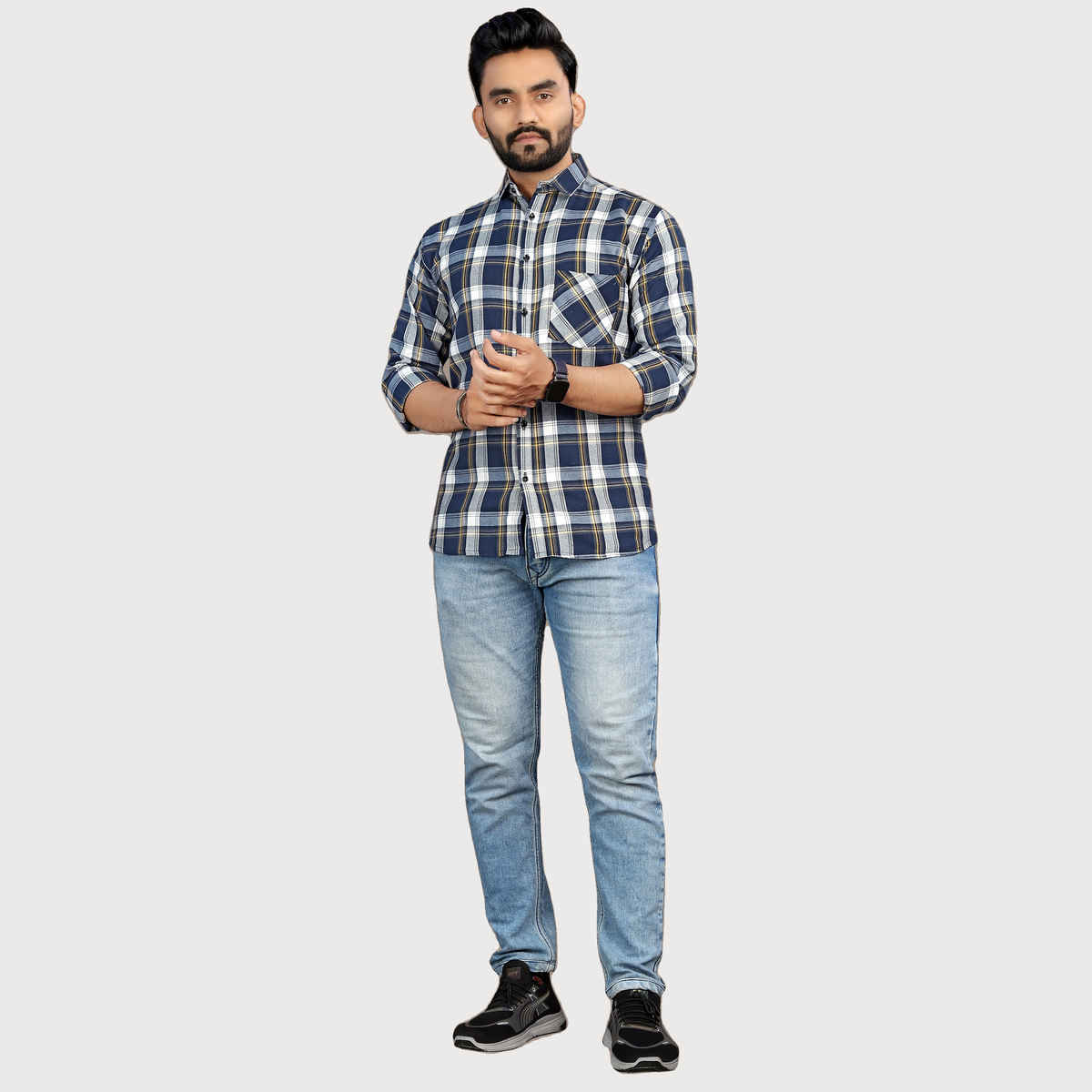 Allan Peter Men's Blue And Yellow Checks Shirt | XL