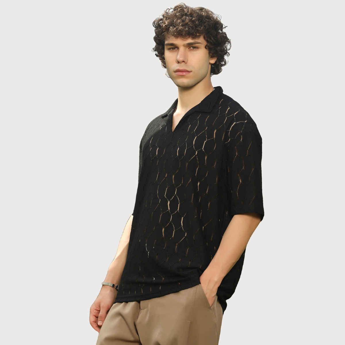 Campus Sutra Men's Honeycomb-Knit Polo T-shirt | Black - L