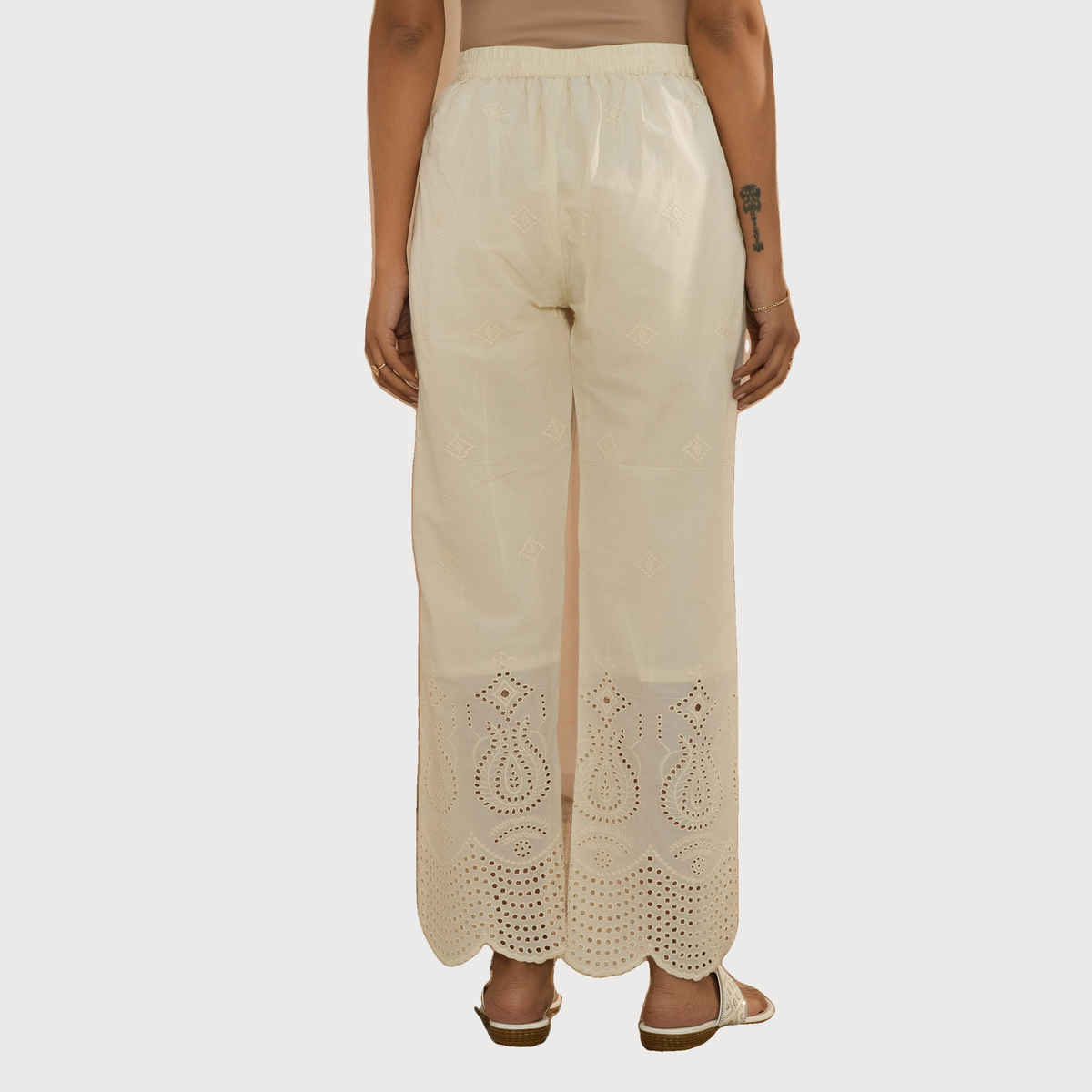 Libas Women's Off White Embroidered Cotton Straight Fit Palazzos | L