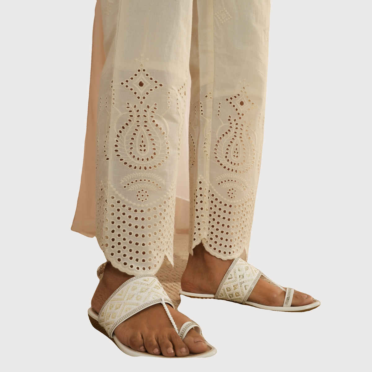 Libas Women's Off White Embroidered Cotton Straight Fit Palazzos | L