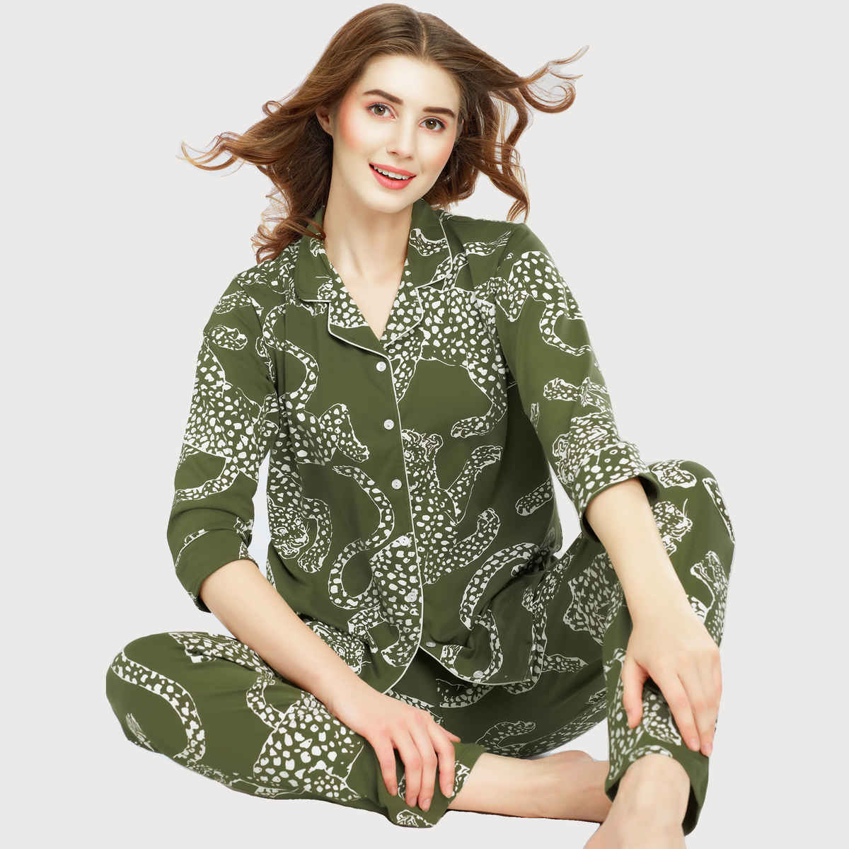 Zeyo Night Suit for Women Olive Leopard Printed Cotton Night Dress | Shirt & Pajama Set 5765-OL- L