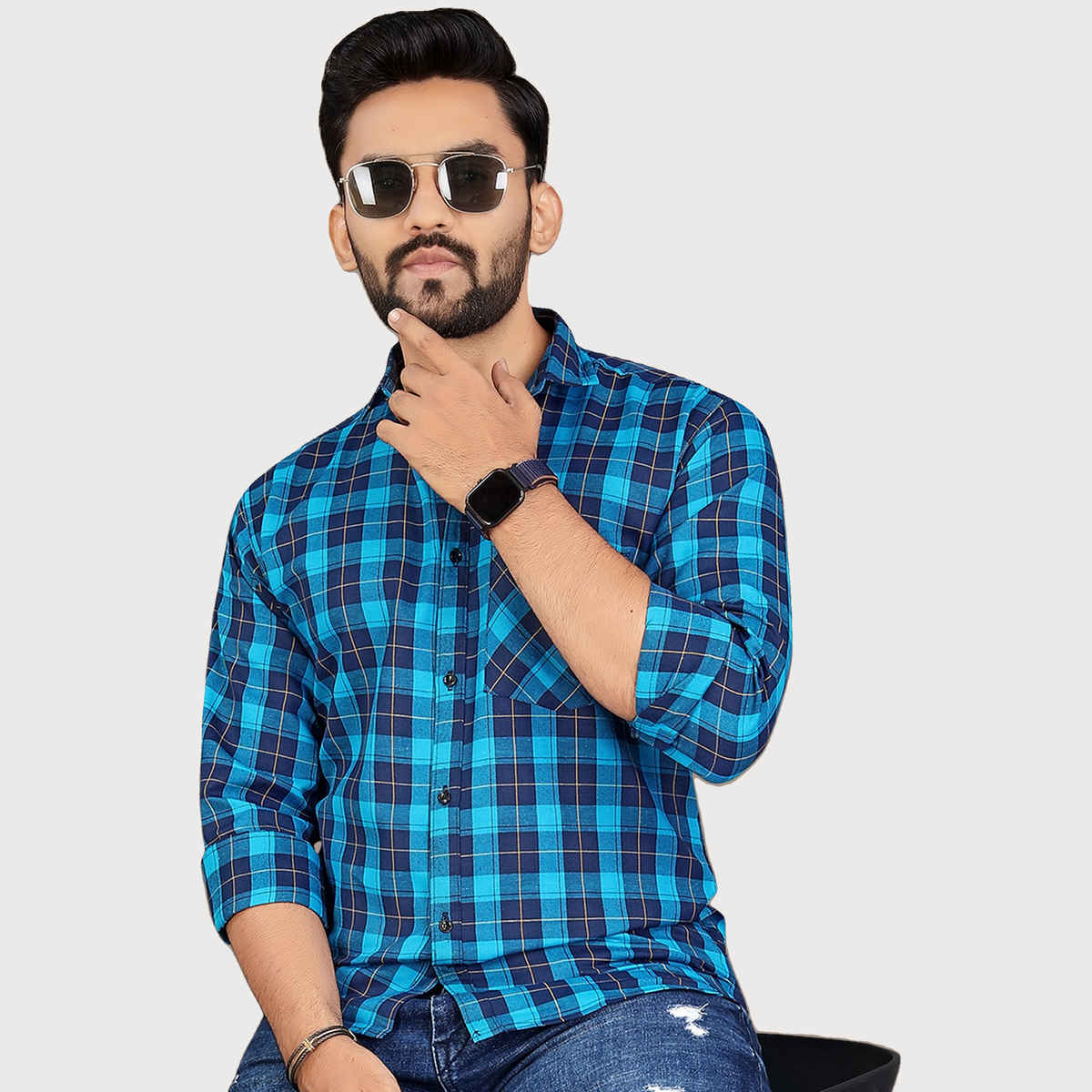 Allan Peter Men's Blue Checks Shirt | XXL