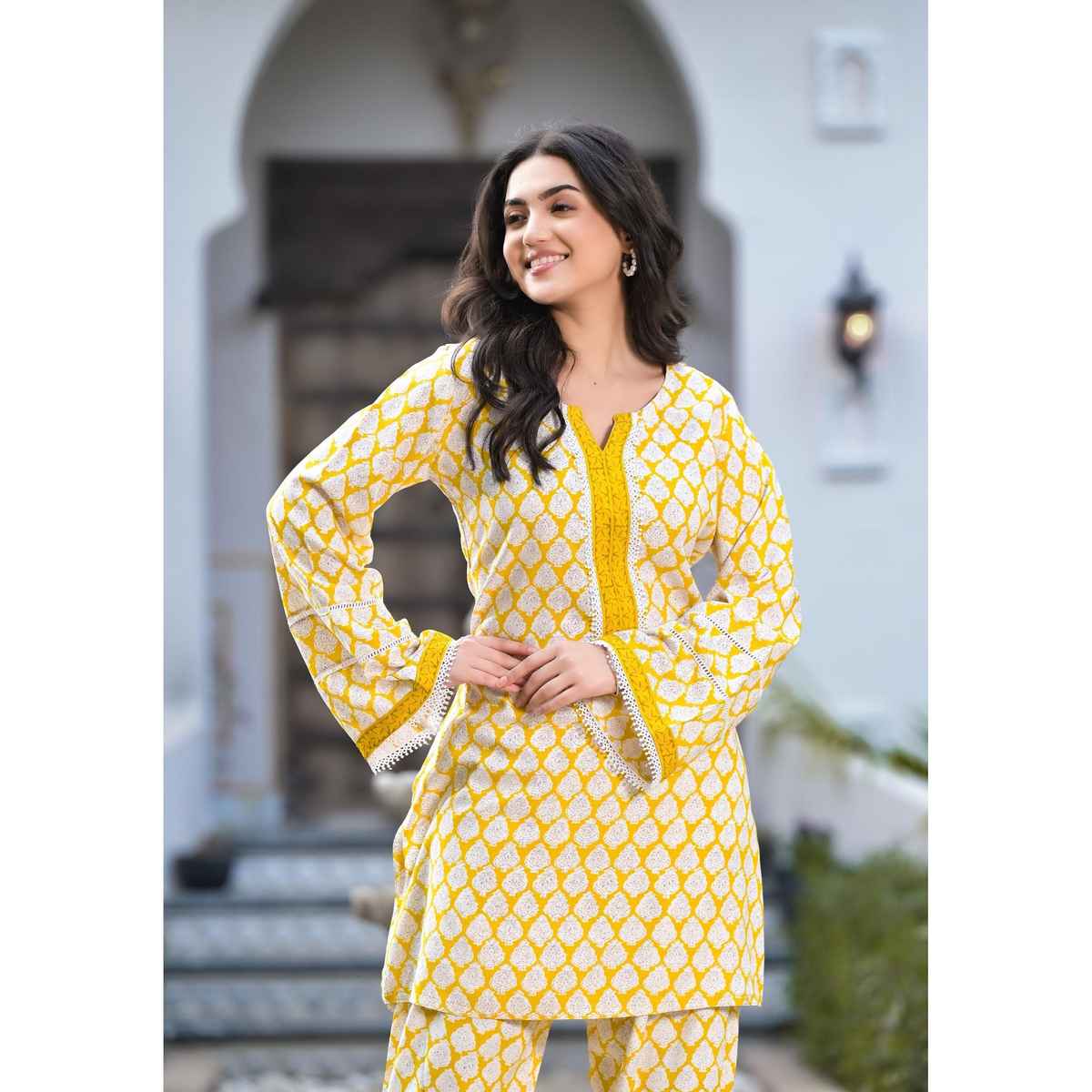 Divena Women s Yellow Floral Print Rayon Co-ord set | DK1085 | L
