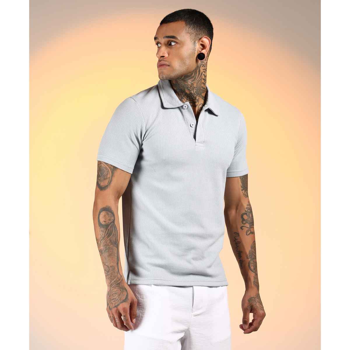 Campus Sutra Men's Ribbed Polo T-shirt | Blue - XL