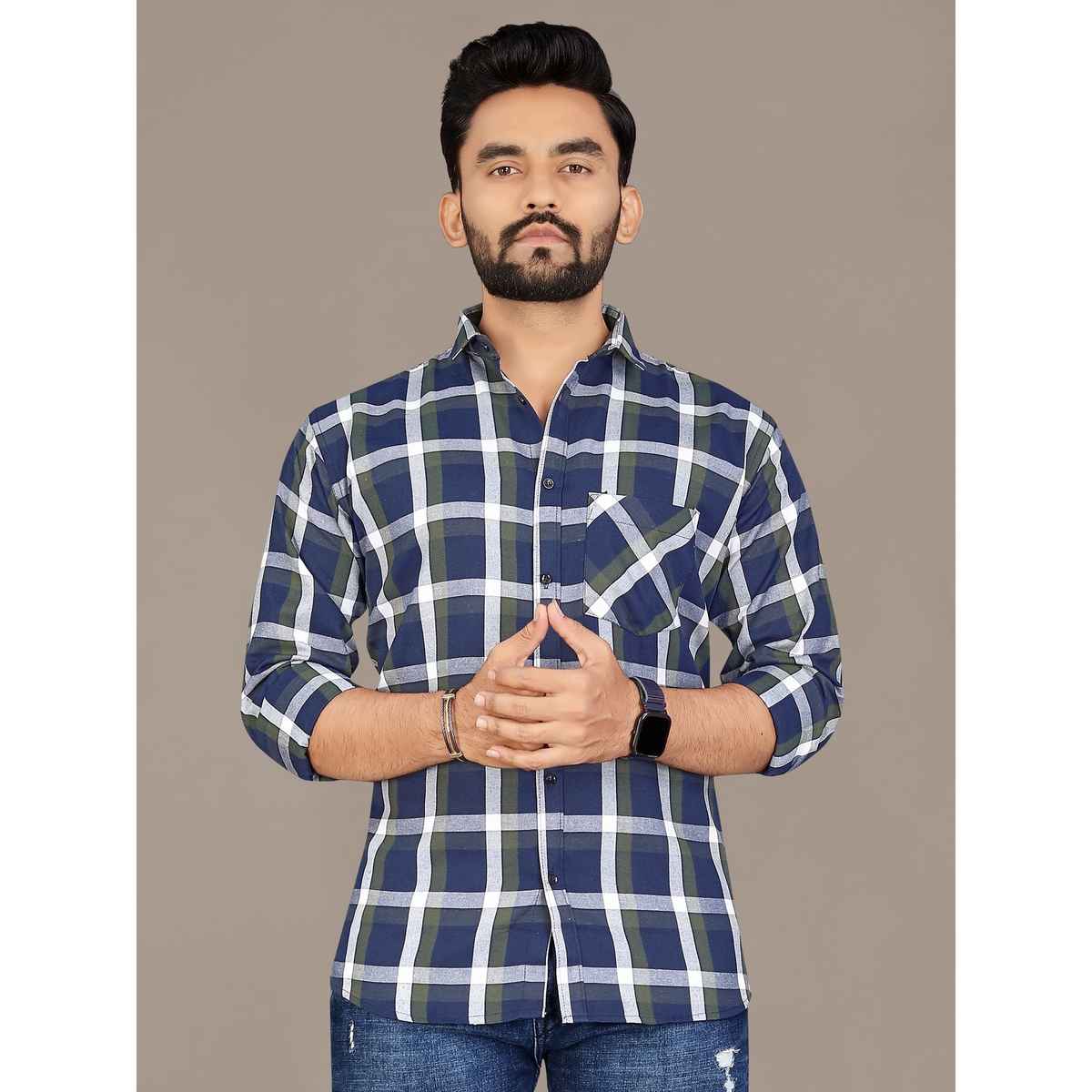Allan Peter Men's Blue And White Checks Casual Shirt | M
