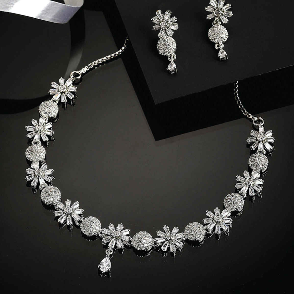 Zeneme Rhodium-Plated American Diamond Flower Necklace & Earrings Jewellery Set For Women & Girls
