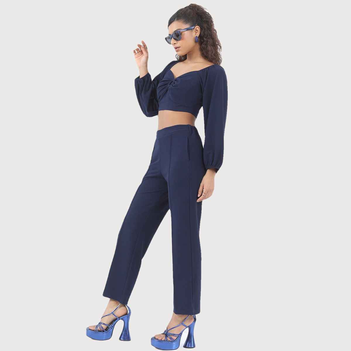 Ketch Women Sweet Heart Neck Top With Trouser Co-ords | Blue | S