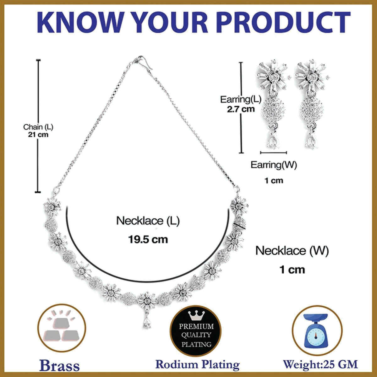 Zeneme Rhodium-Plated American Diamond Flower Necklace & Earrings Jewellery Set For Women & Girls