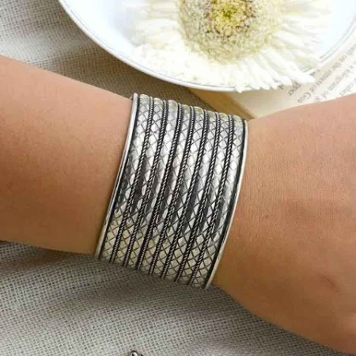 Teejh Zia Embossed Silver Oxidized Bracelet Cuff
