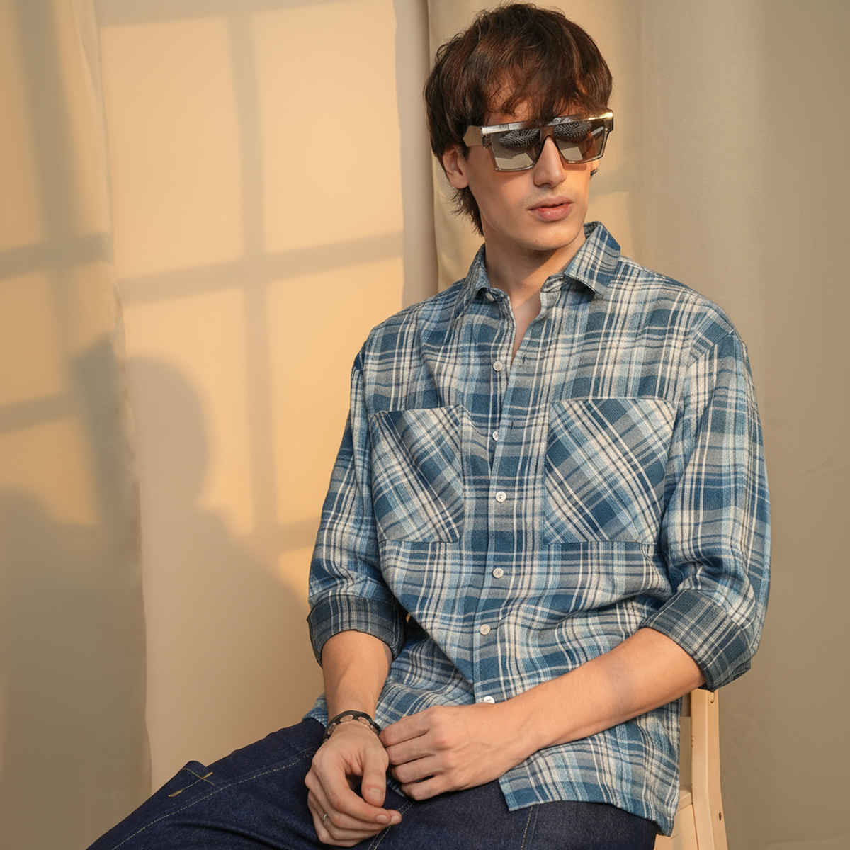 Campus Sutra Men's Tartan Plaid Shirt | Steel Blue - L