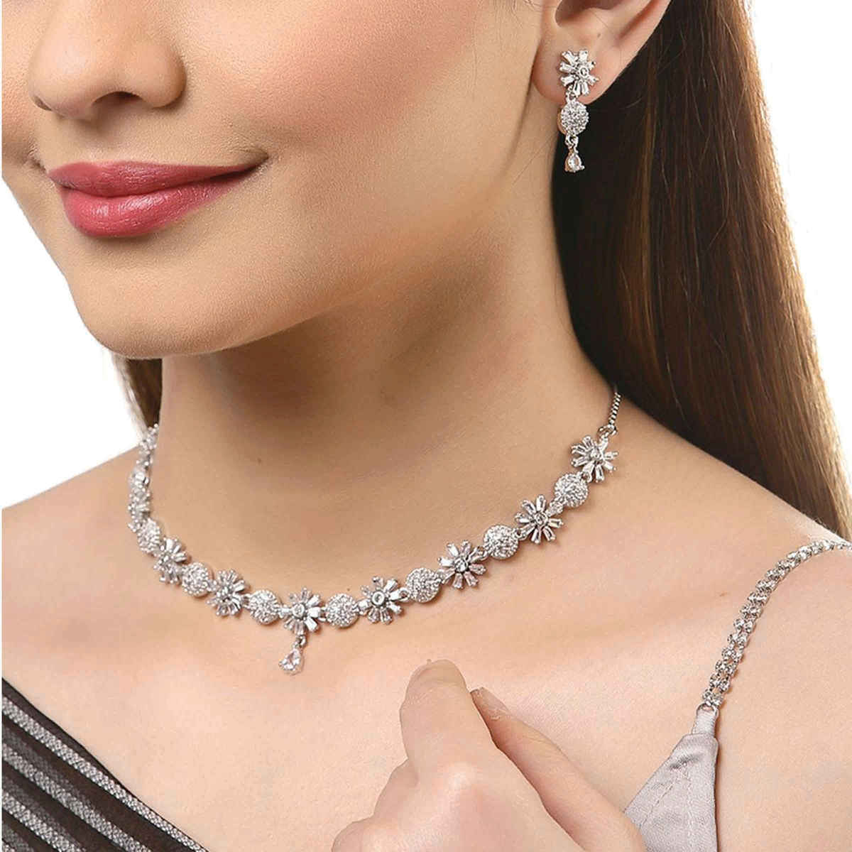 Zeneme Rhodium-Plated American Diamond Flower Necklace & Earrings Jewellery Set For Women & Girls