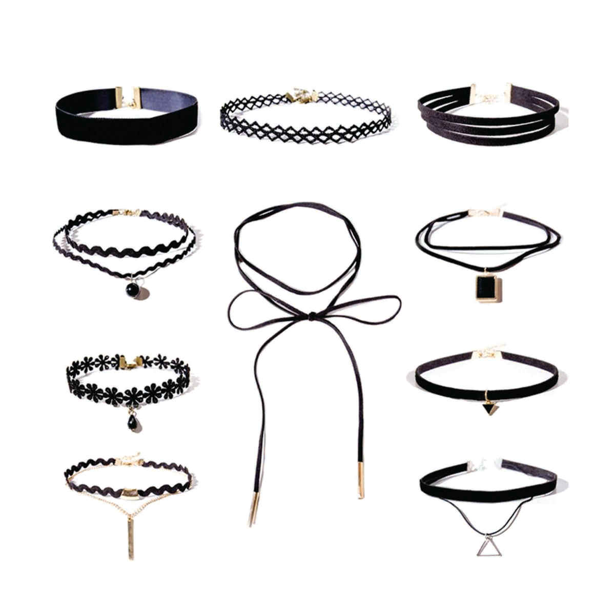 Shining Diva Fashion Set of 10 Stylish Black Fabric Lace Choker Necklace for Women and Girls Cmb272