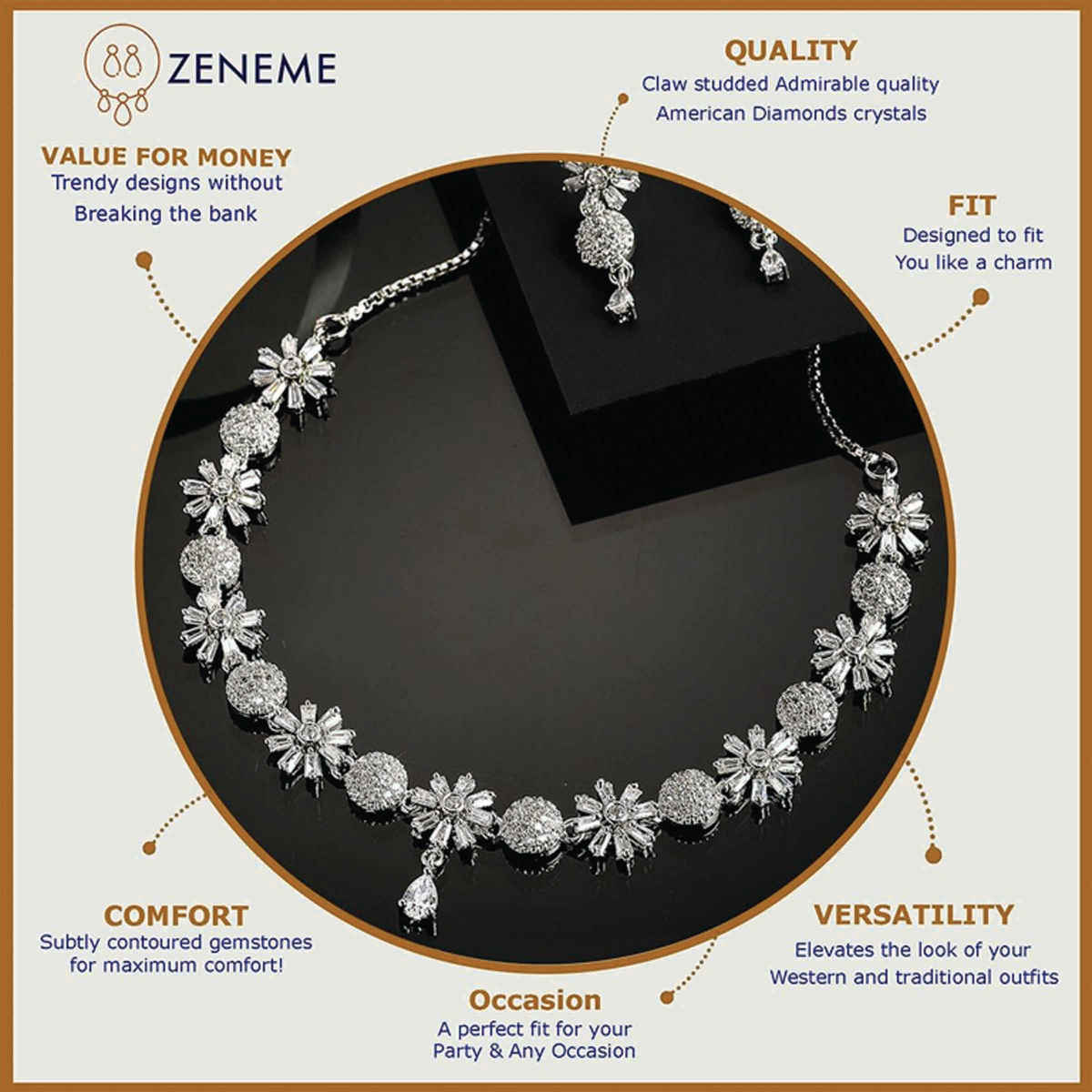 Zeneme Rhodium-Plated American Diamond Flower Necklace & Earrings Jewellery Set For Women & Girls