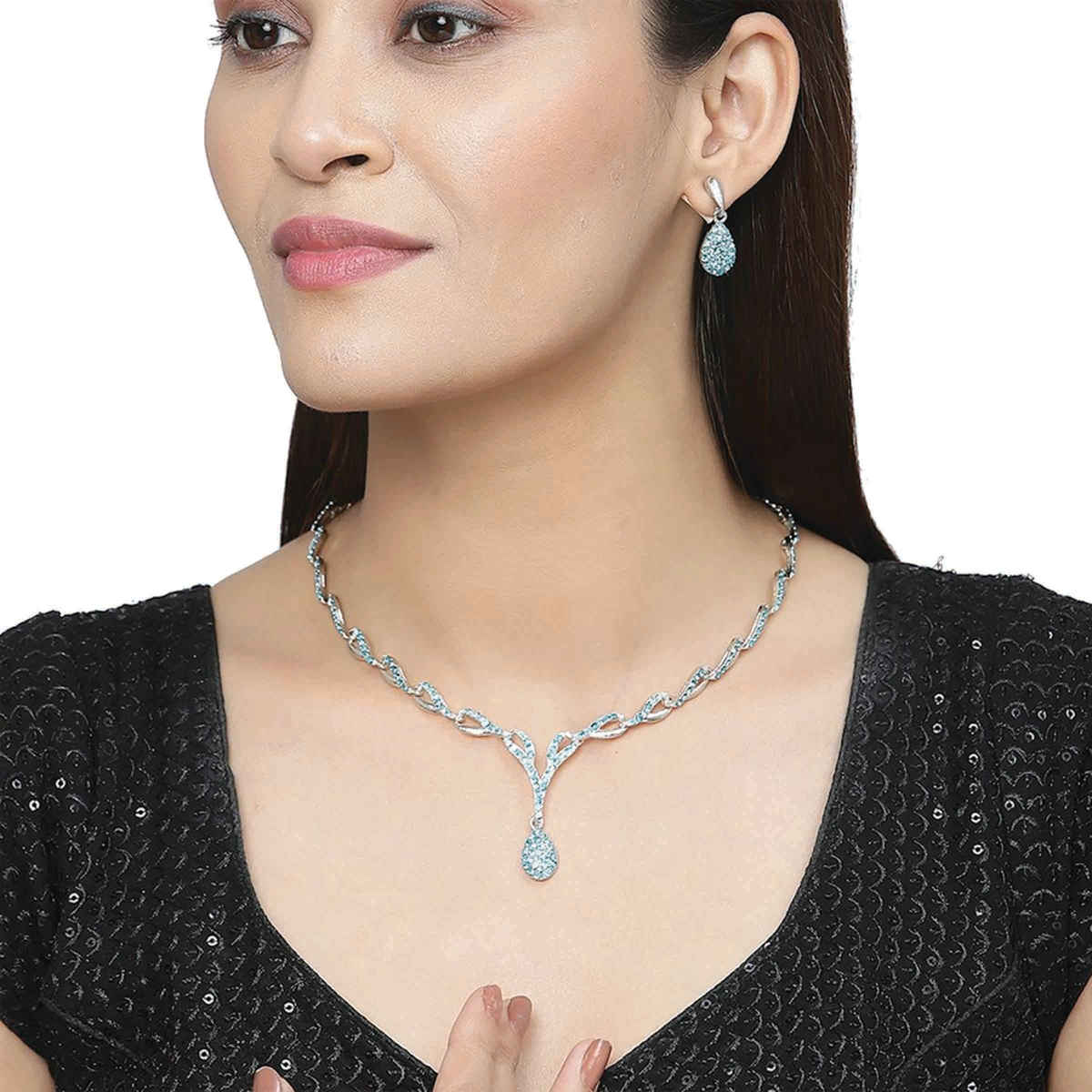 Zeneme Silver-Plated Cubic Zirconia Necklace and Earrings For Women & Girls