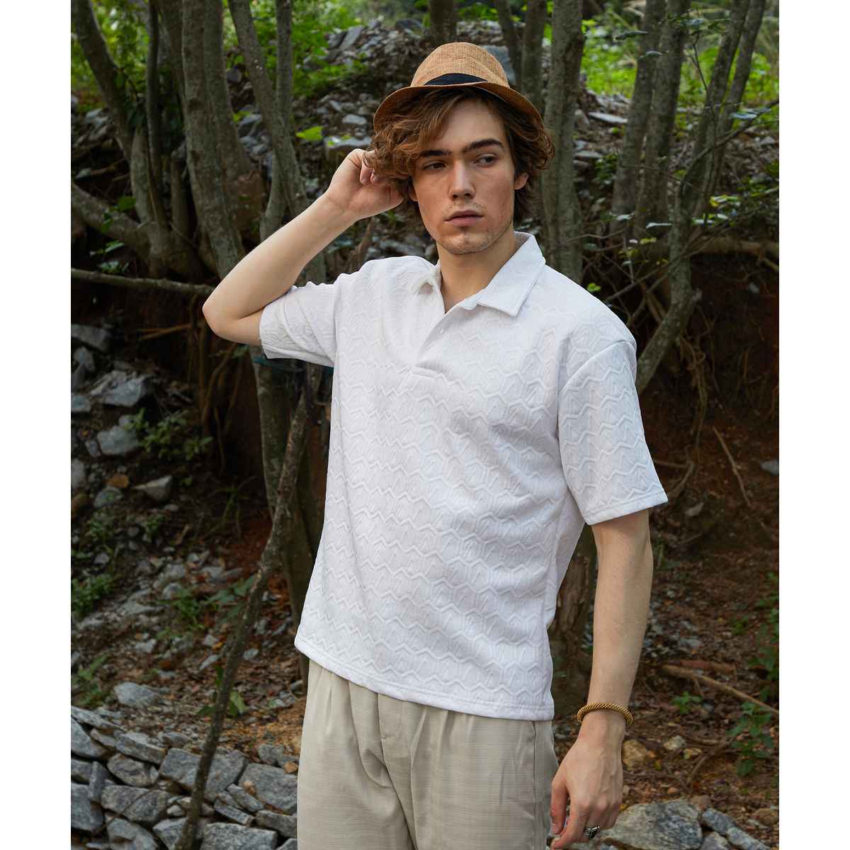 Campus Sutra Men's Zigzag-Tactile Polo T-shirt | White - L