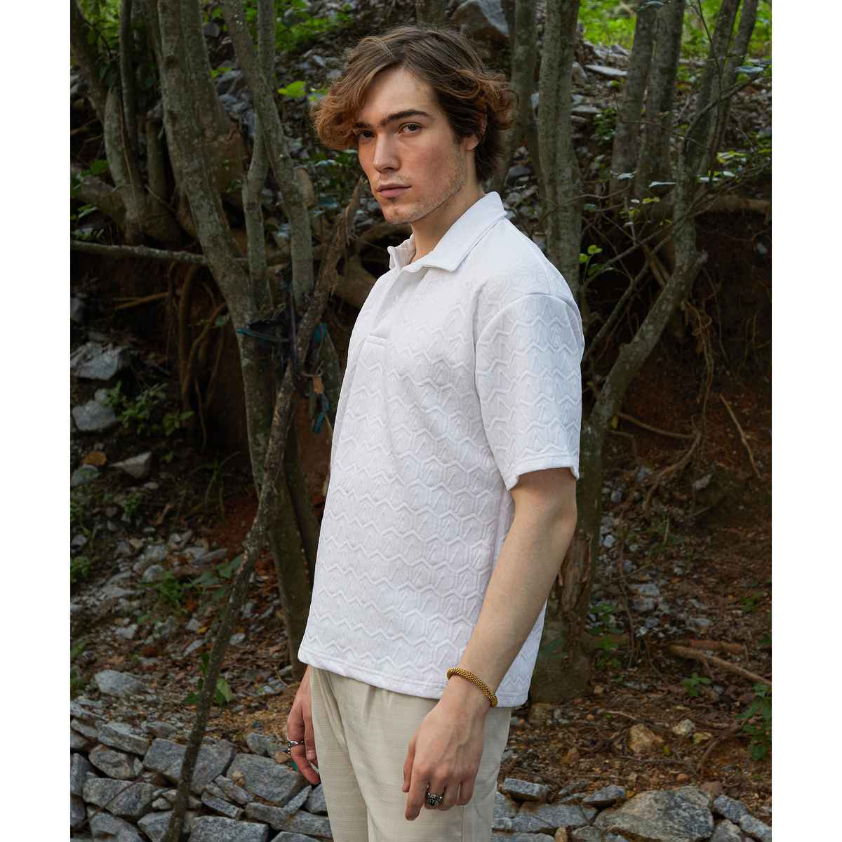 Campus Sutra Men's Zigzag-Tactile Polo T-shirt | White - L