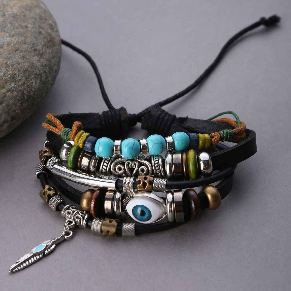Sohi Men Black Blue Evil Eye Layered Bracelet