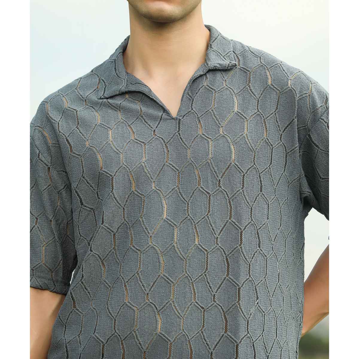 Campus Sutra Men's Honeycomb-Knit Polo T-shirt | Grey - XL