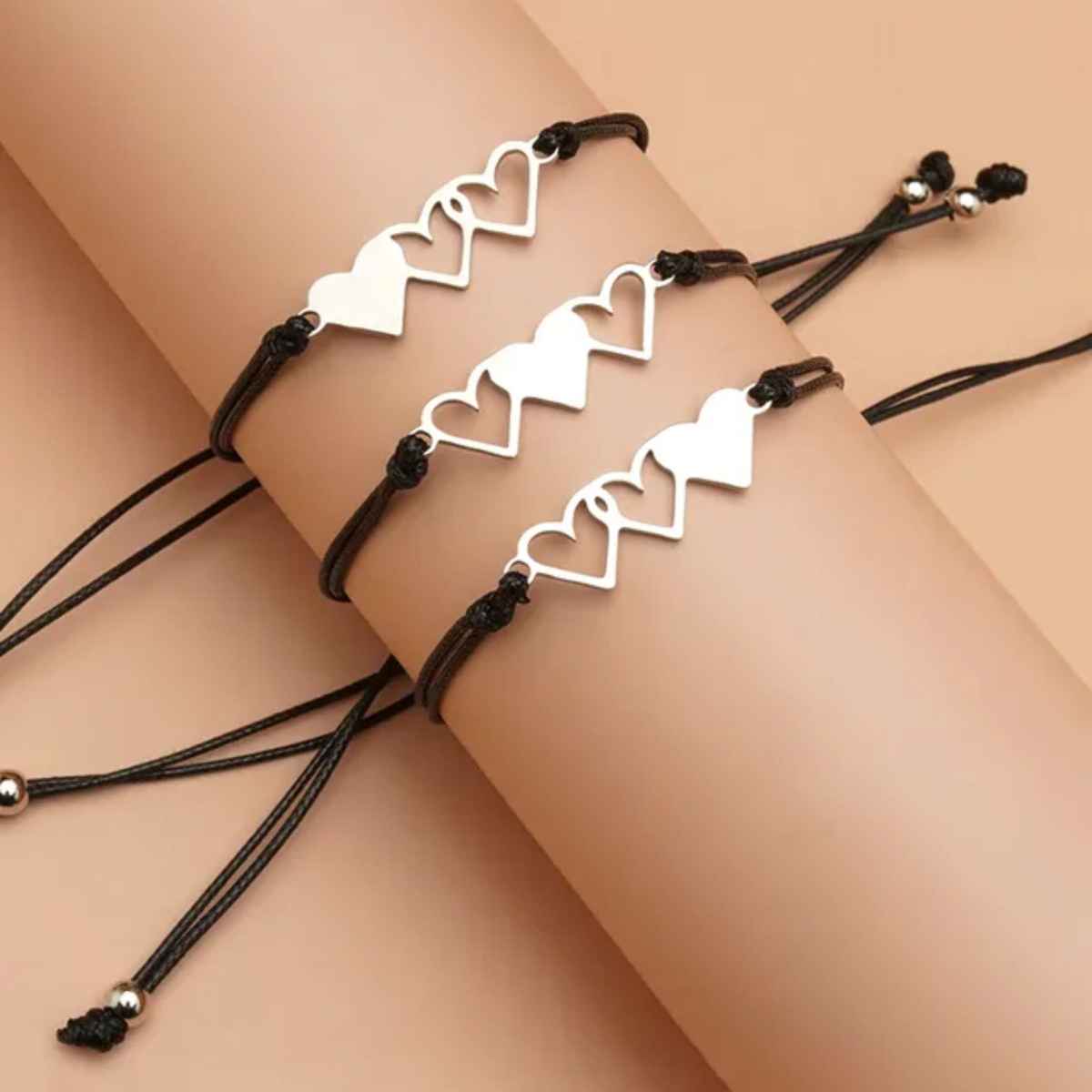 Yellow Chimes Women Set Of 3 Black & Silver-Toned Heart Design Wraparound Bracelet