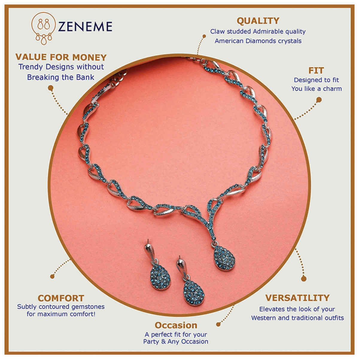 Zeneme Silver-Plated Cubic Zirconia Necklace and Earrings For Women & Girls