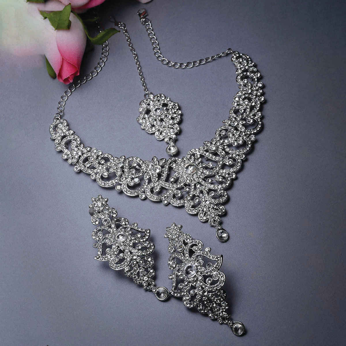 Sukkhi High-Fashion Rhodium Plated Silver Stone Studded Floral Choker Necklace Set