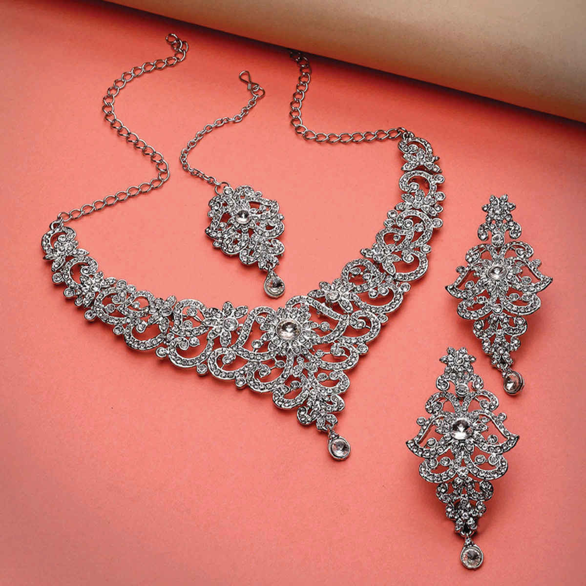 Sukkhi High-Fashion Rhodium Plated Silver Stone Studded Floral Choker Necklace Set