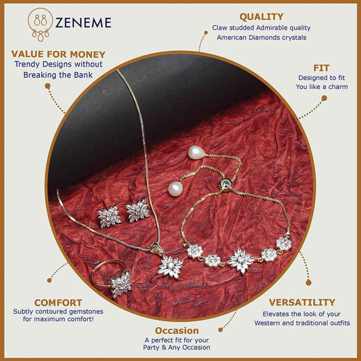 Zeneme Cubic Zirconia Gold Plated Elegant Pendant Set With Bracelet Ring Jewellery For Women
