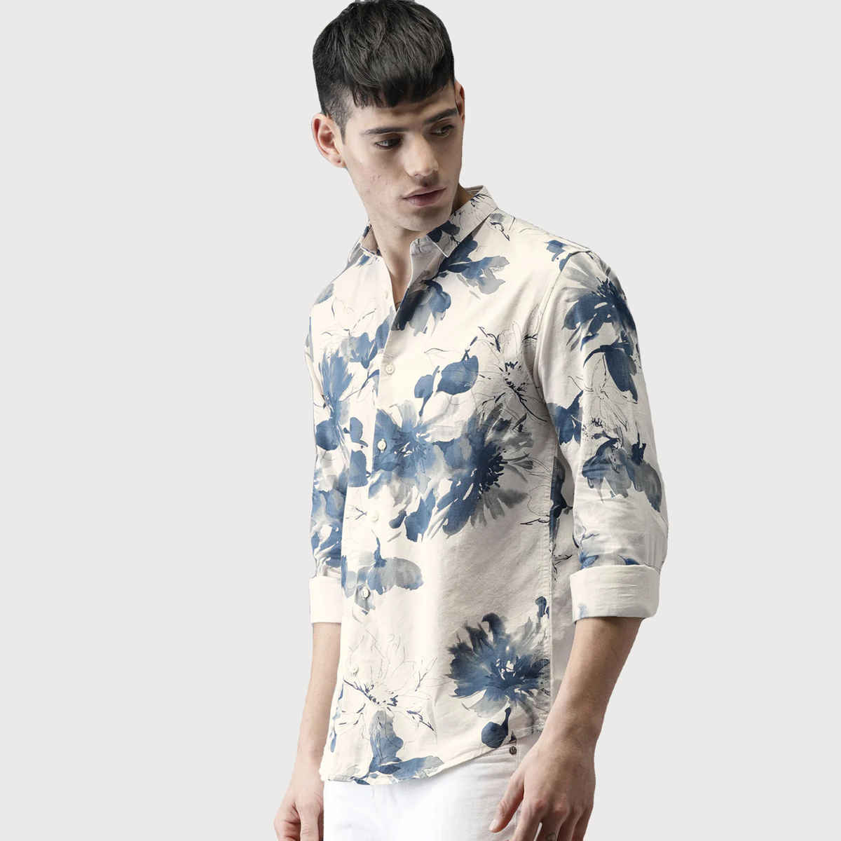 Bene Kleed Men's Slim Fit Floral Printed Cotton Linen Casual Shirt | Off White - L
