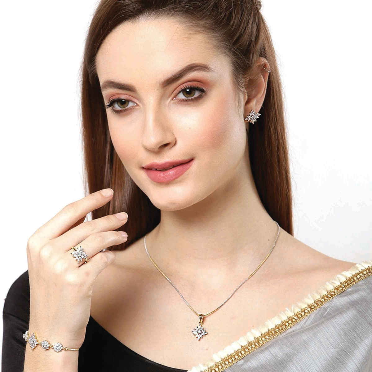 Zeneme Cubic Zirconia Gold Plated Elegant Pendant Set With Bracelet Ring Jewellery For Women