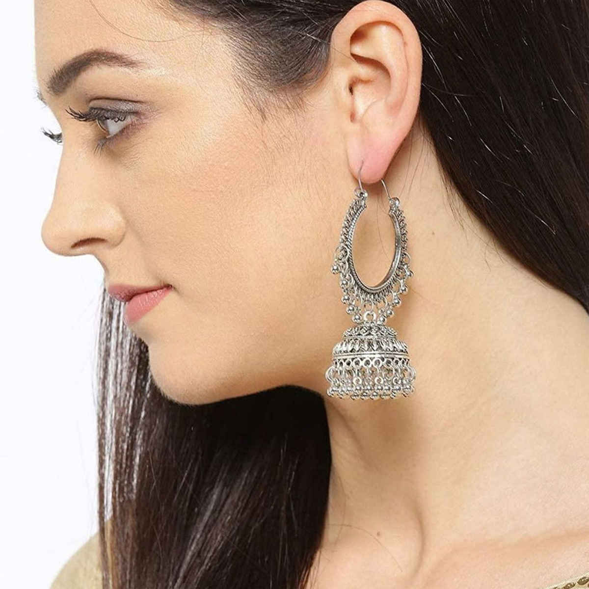 YouBella Jewellery Earrings Afghani Oxidised Silver Jhumka Earrings For Girls And Women