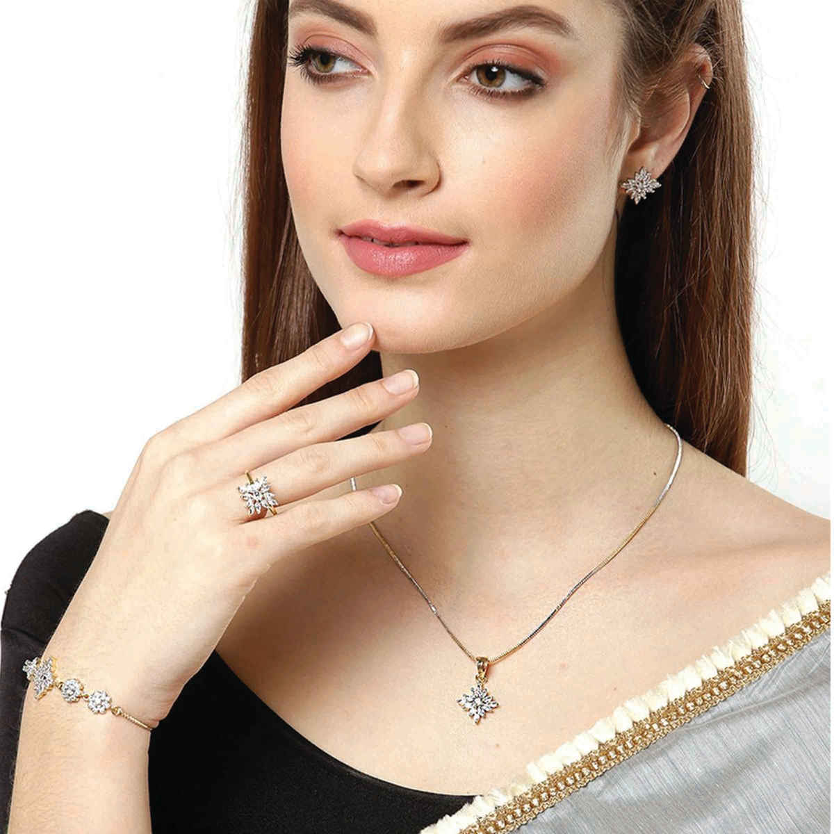 Zeneme Cubic Zirconia Gold Plated Elegant Pendant Set With Bracelet Ring Jewellery For Women