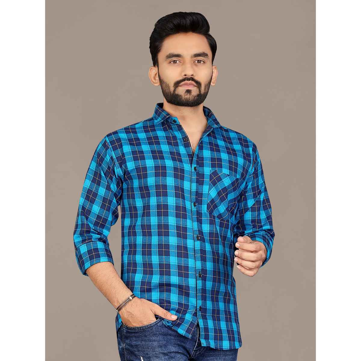 Allan Peter Men's Blue Checks Shirt | M