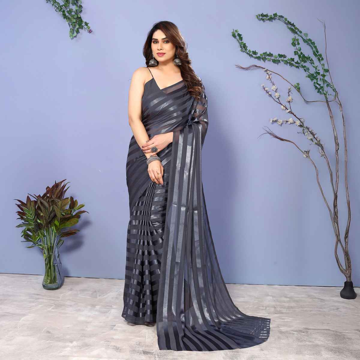 Anand Saree Women's Embellished | Striped | Self Design Bollywood Satin Saree | Grey